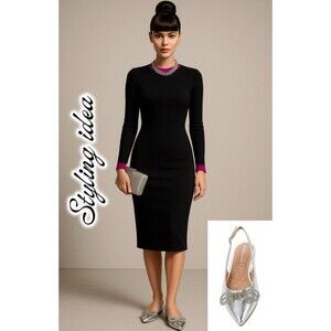 BCBG Kristin Silver Flats 7.5M Slingback Pointed Toe Shoes Rhinestone Bow Dress